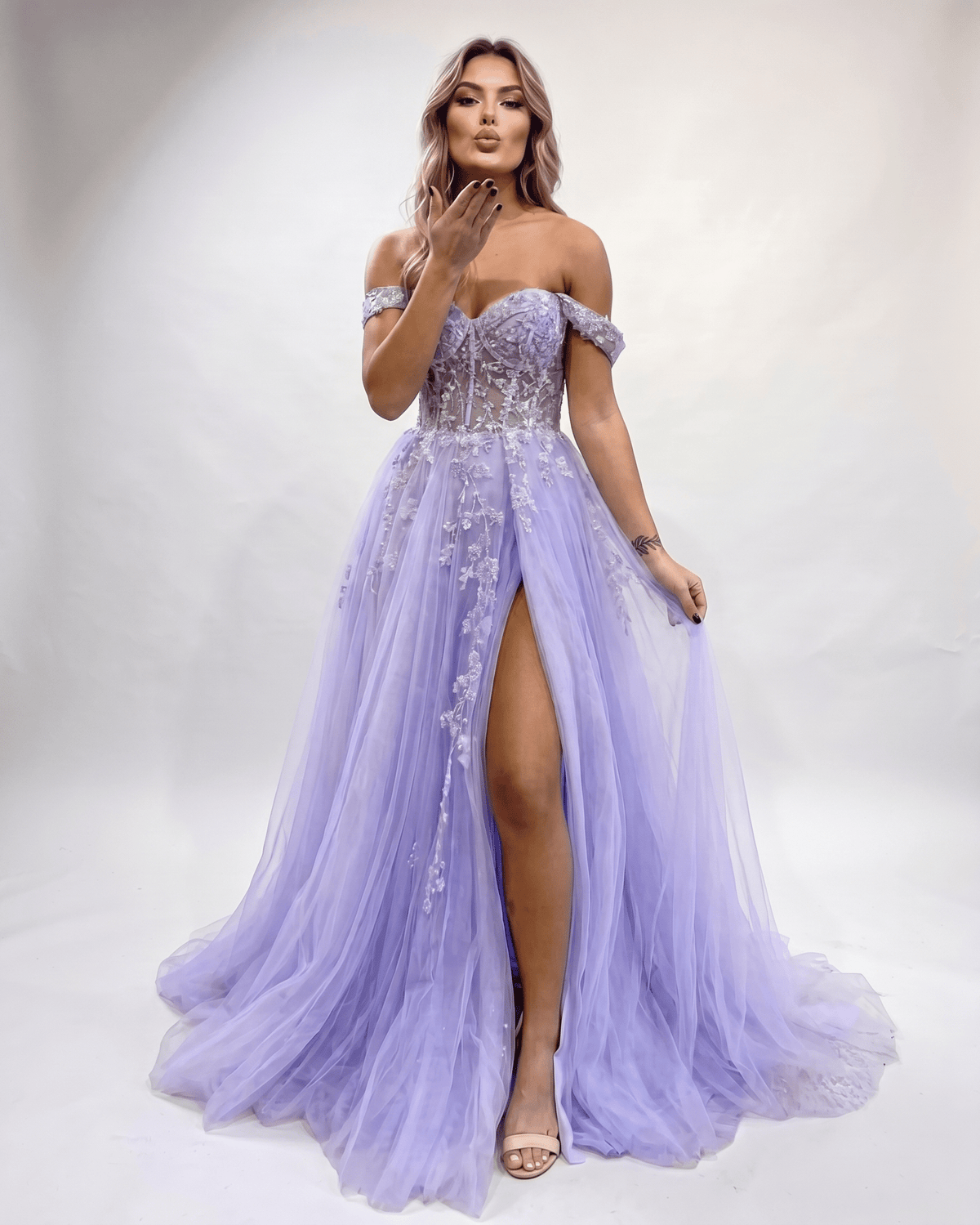 Celestia Maxi Dress by Lauven — tulle lace off-shoulder sweetheart A-line maxi dress