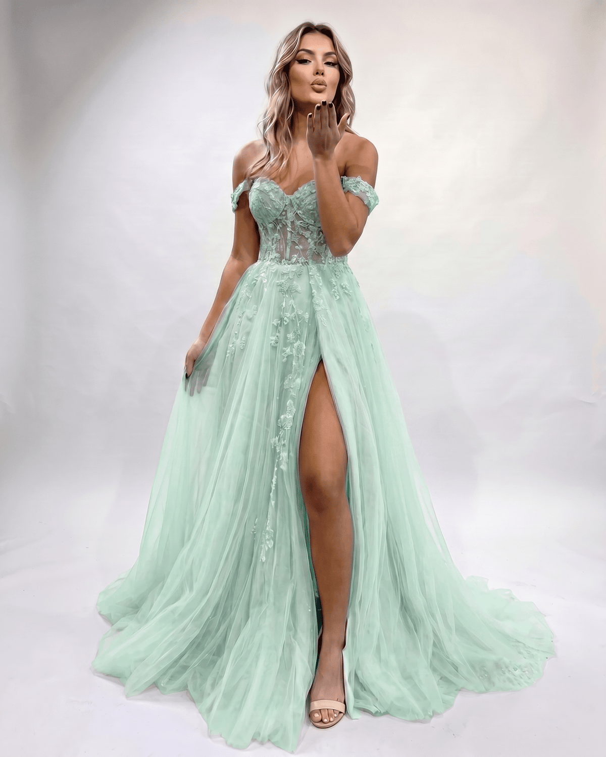 Celestia Maxi Dress by Lauven — tulle lace off-shoulder sweetheart A-line maxi dress