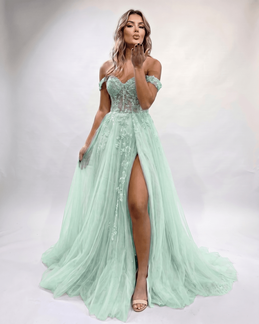 Celestia Maxi Dress by Lauven — tulle lace off-shoulder sweetheart A-line maxi dress