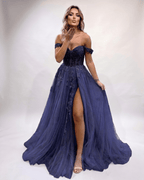 Celestia Maxi Dress by Lauven — tulle lace off-shoulder sweetheart A-line maxi dress