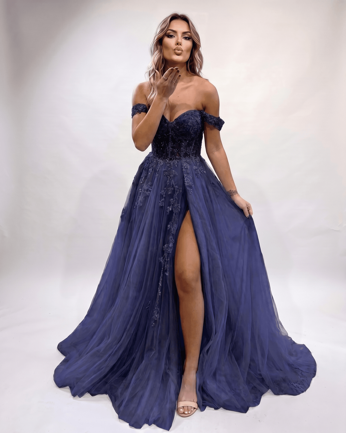 Celestia Maxi Dress by Lauven — tulle lace off-shoulder sweetheart A-line maxi dress