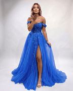 Celestia Maxi Dress by Lauven — tulle lace off-shoulder sweetheart A-line maxi dress