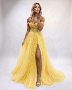 Celestia Maxi Dress by Lauven — tulle lace off-shoulder sweetheart A-line maxi dress