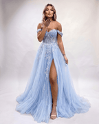 Celestia Maxi Dress by Lauven — tulle lace off-shoulder sweetheart A-line maxi dress