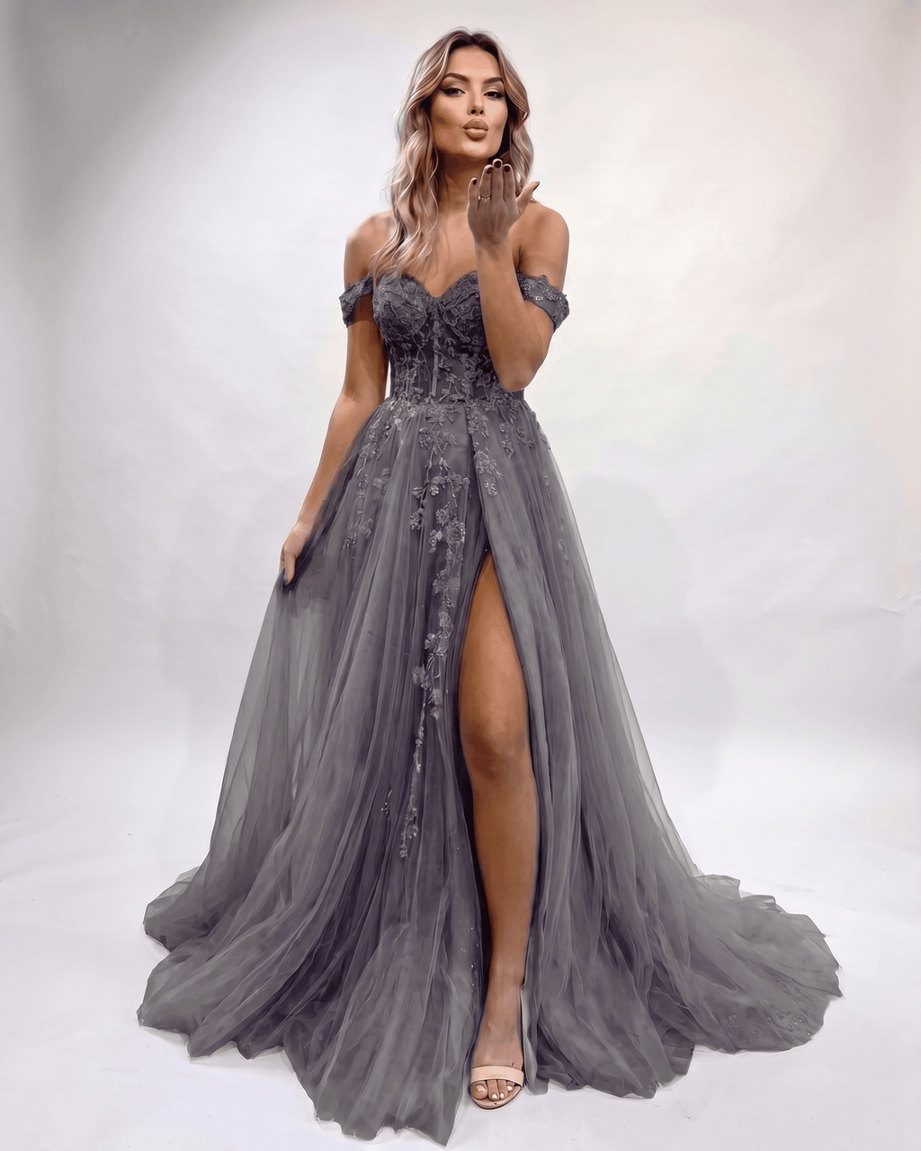 Celestia Maxi Dress by Lauven — tulle lace off-shoulder sweetheart A-line maxi dress