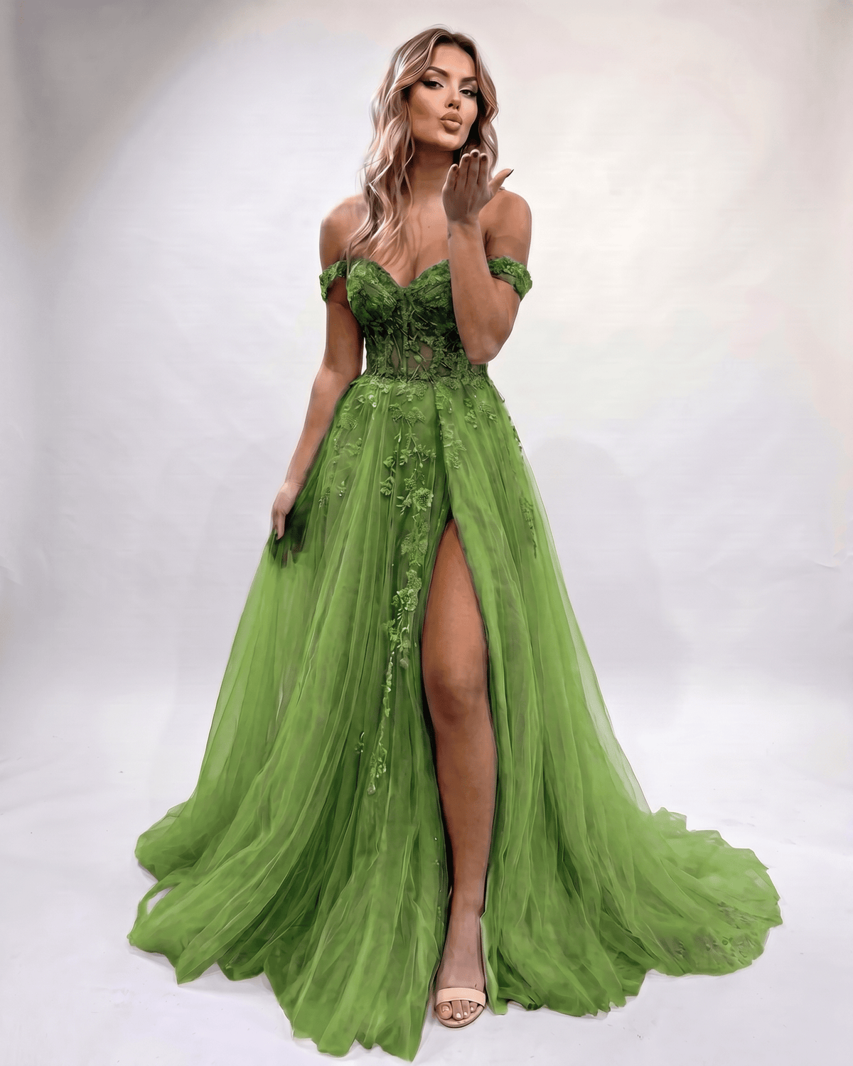 Celestia Maxi Dress by Lauven — tulle lace off-shoulder sweetheart A-line maxi dress