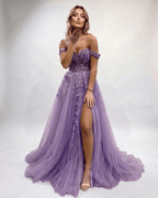 Celestia Maxi Dress by Lauven — tulle lace off-shoulder sweetheart A-line maxi dress