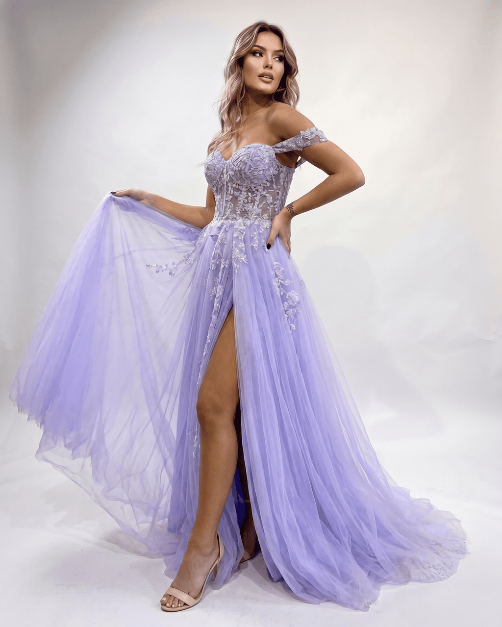 Celestia Maxi Dress by Lauven — tulle lace off-shoulder sweetheart A-line maxi dress