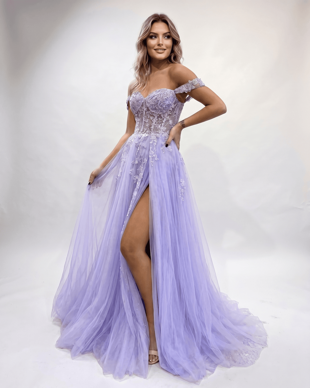 Celestia Maxi Dress by Lauven — tulle lace off-shoulder sweetheart A-line maxi dress