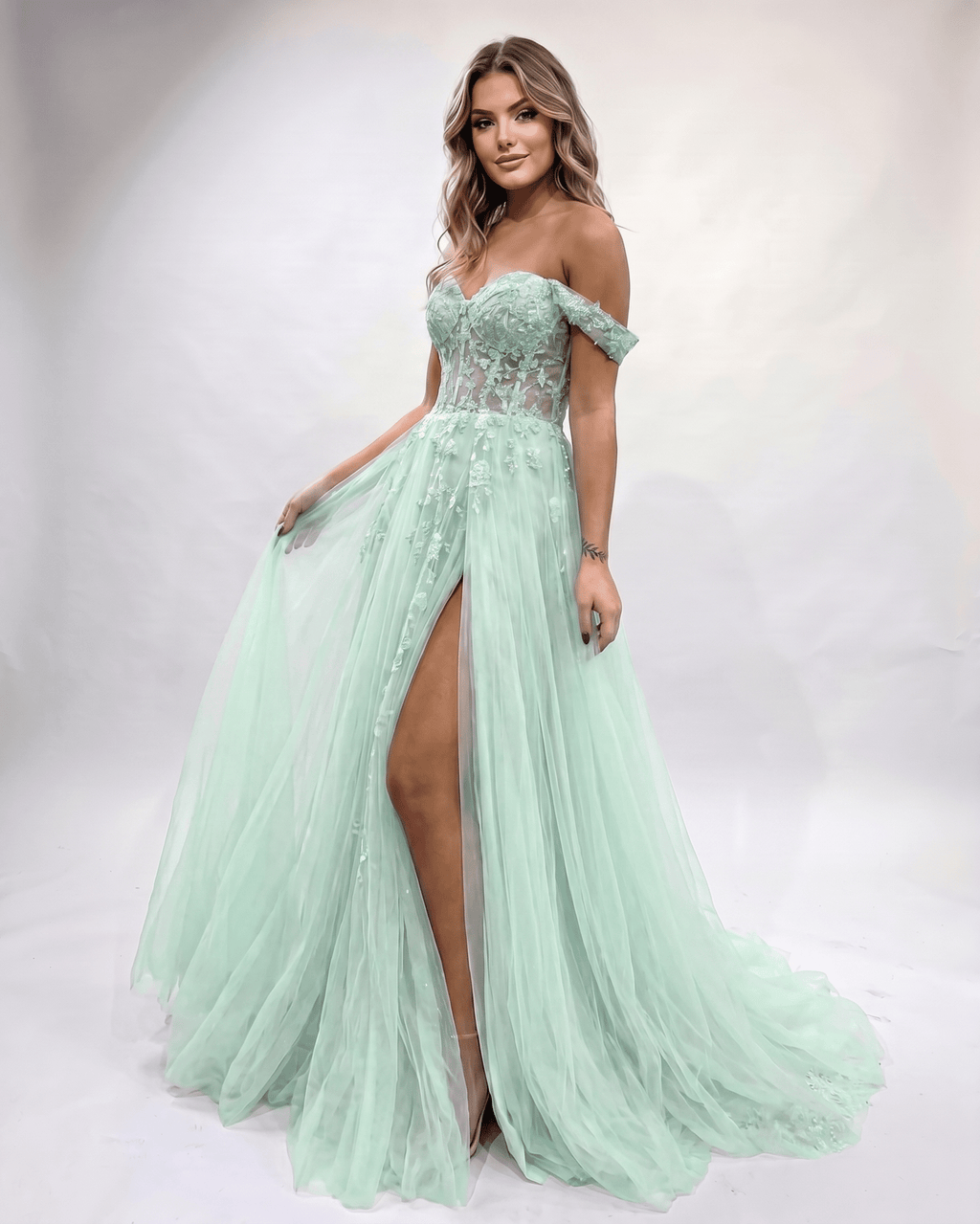 Celestia Maxi Dress by Lauven — tulle lace off-shoulder sweetheart A-line maxi dress