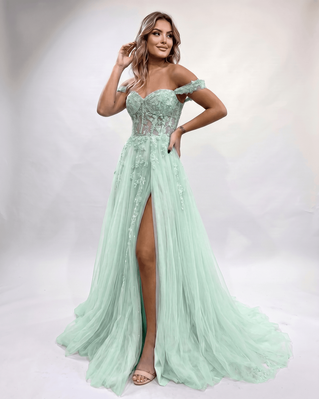 Celestia Maxi Dress by Lauven — tulle lace off-shoulder sweetheart A-line maxi dress