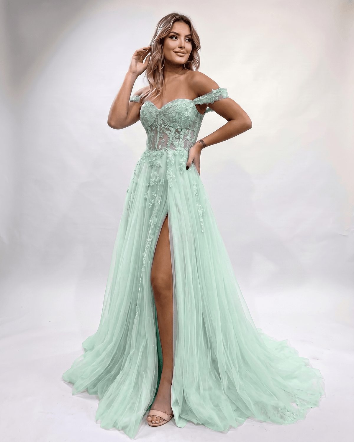 Celestia Maxi Dress by Lauven — tulle lace off-shoulder sweetheart A-line maxi dress