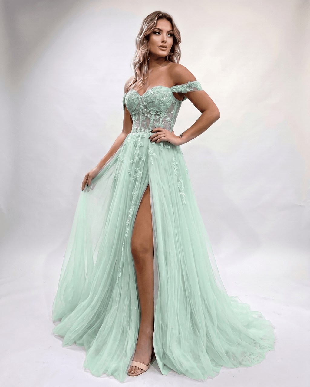 Celestia Maxi Dress by Lauven — tulle lace off-shoulder sweetheart A-line maxi dress