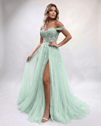 Celestia Maxi Dress by Lauven — tulle lace off-shoulder sweetheart A-line maxi dress