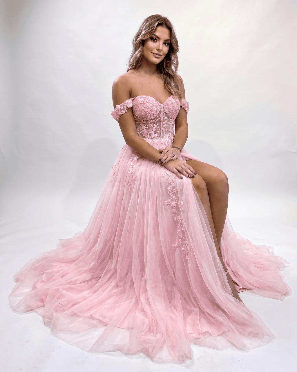 Celestia Maxi Dress by Lauven — tulle lace off-shoulder sweetheart A-line maxi dress