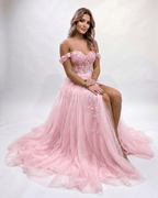 Celestia Maxi Dress by Lauven — tulle lace off-shoulder sweetheart A-line maxi dress