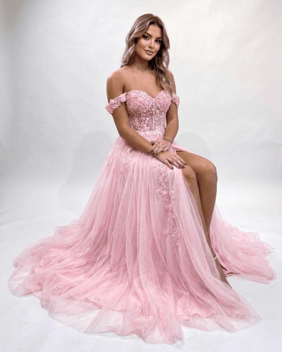 Celestia Maxi Dress by Lauven — tulle lace off-shoulder sweetheart A-line maxi dress