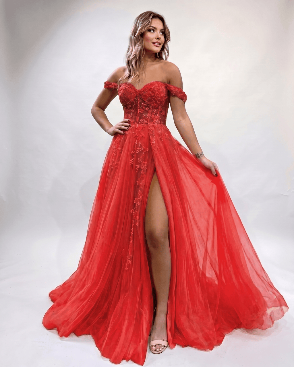 Celestia Maxi Dress by Lauven — tulle lace off-shoulder sweetheart A-line maxi dress