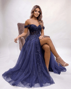 Celestia Maxi Dress by Lauven — tulle lace off-shoulder sweetheart A-line maxi dress