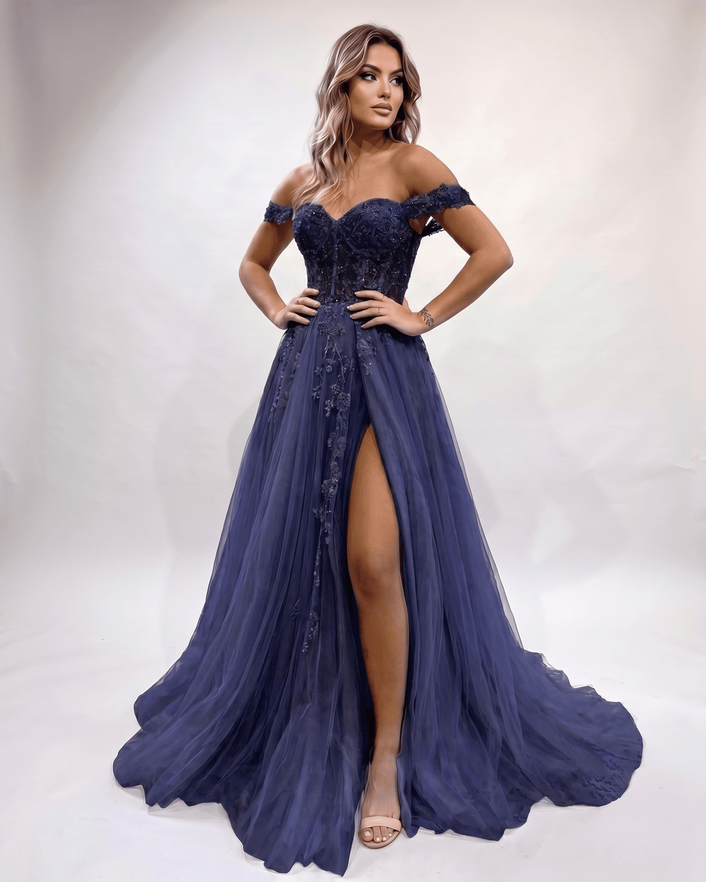 Celestia Maxi Dress by Lauven — tulle lace off-shoulder sweetheart A-line maxi dress