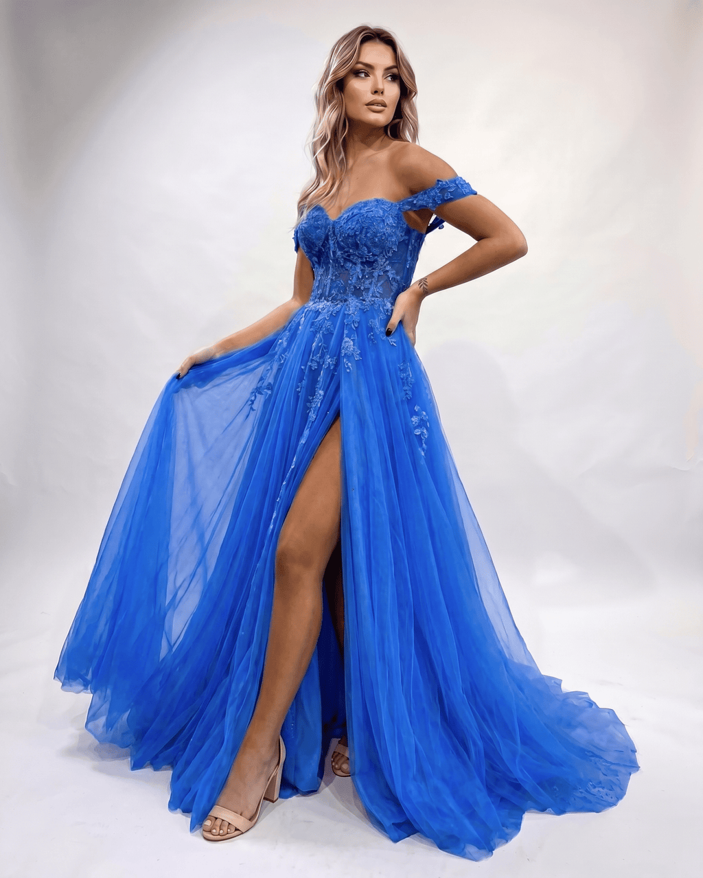 Celestia Maxi Dress by Lauven — tulle lace off-shoulder sweetheart A-line maxi dress