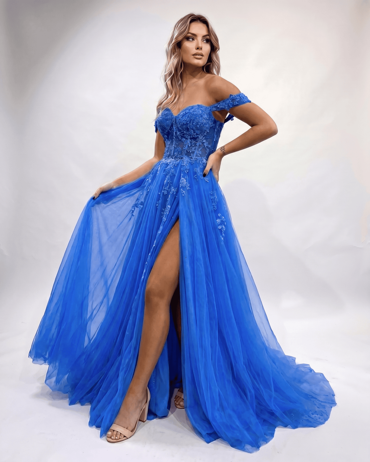 Celestia Maxi Dress by Lauven — tulle lace off-shoulder sweetheart A-line maxi dress