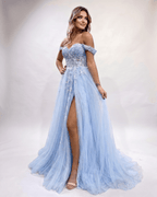 Celestia Maxi Dress by Lauven — tulle lace off-shoulder sweetheart A-line maxi dress