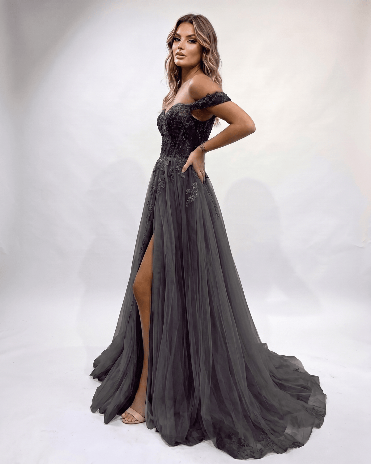 Celestia Maxi Dress by Lauven — tulle lace off-shoulder sweetheart A-line maxi dress