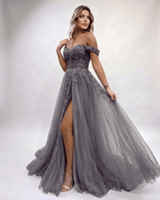 Celestia Maxi Dress by Lauven — tulle lace off-shoulder sweetheart A-line maxi dress