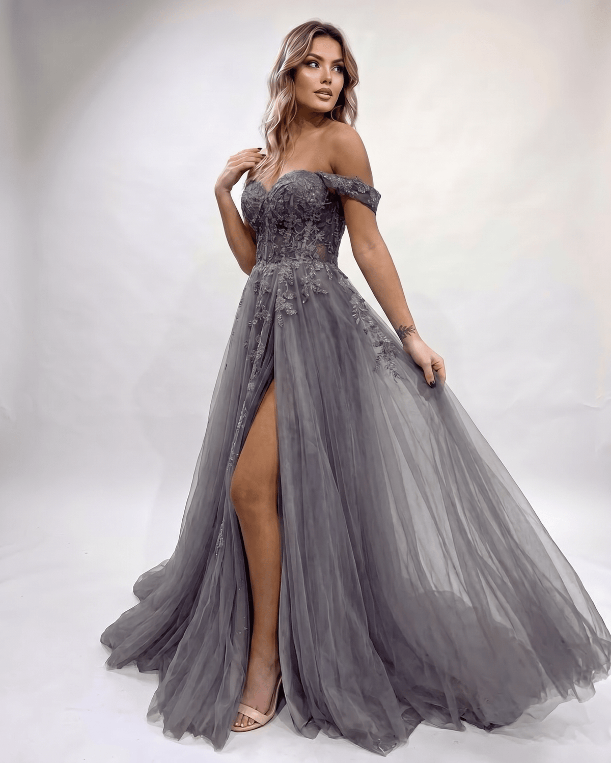 Celestia Maxi Dress by Lauven — tulle lace off-shoulder sweetheart A-line maxi dress