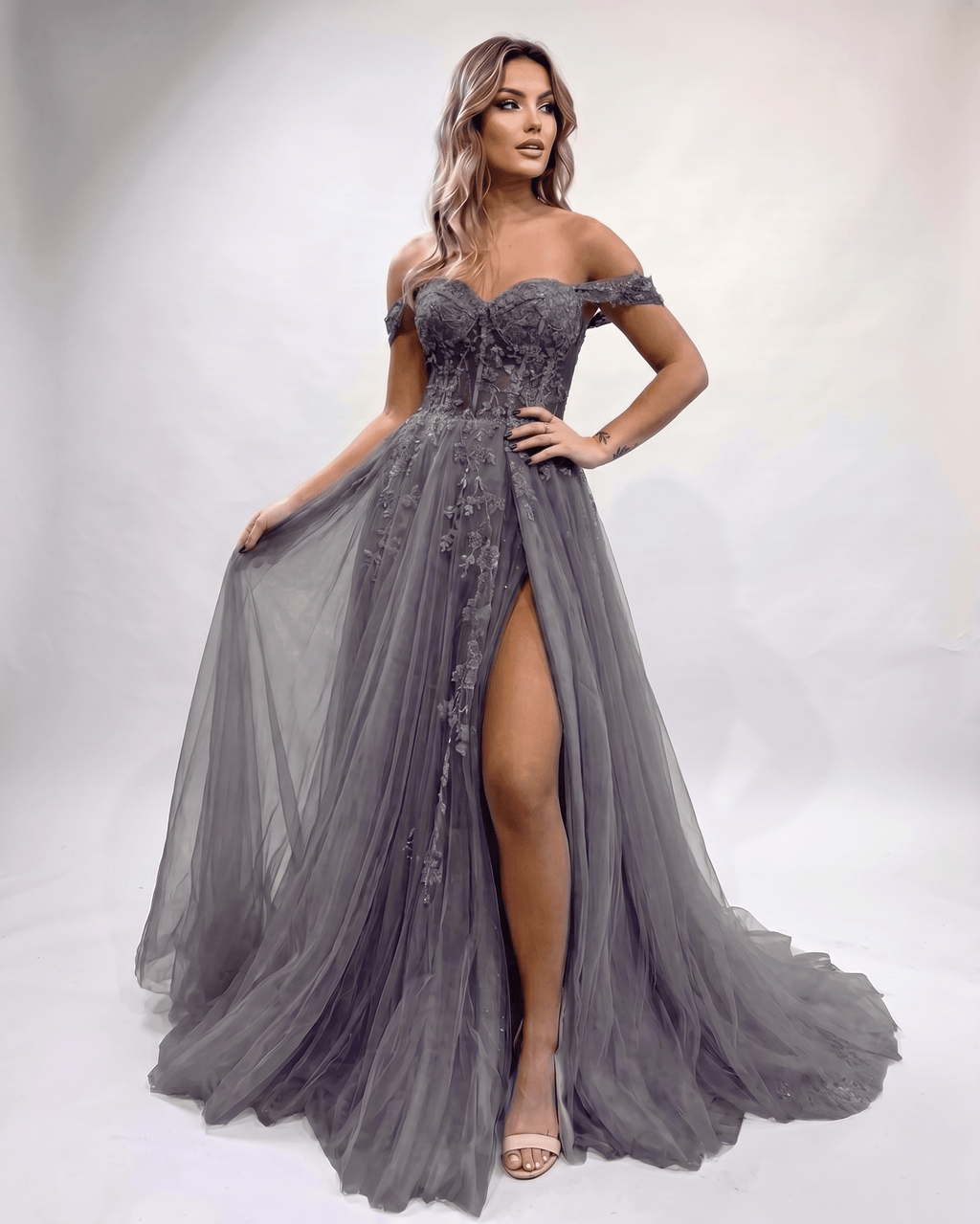 Celestia Maxi Dress by Lauven — tulle lace off-shoulder sweetheart A-line maxi dress