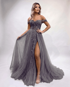 Celestia Maxi Dress by Lauven — tulle lace off-shoulder sweetheart A-line maxi dress