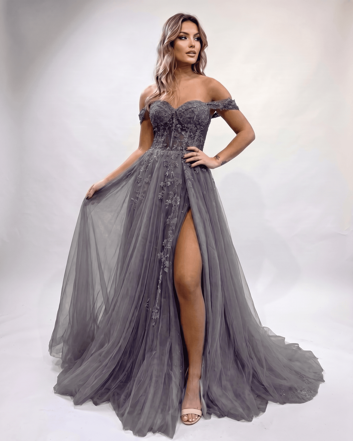 Celestia Maxi Dress by Lauven — tulle lace off-shoulder sweetheart A-line maxi dress