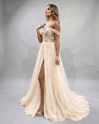 Celestia Maxi Dress by Lauven — tulle lace off-shoulder sweetheart A-line maxi dress