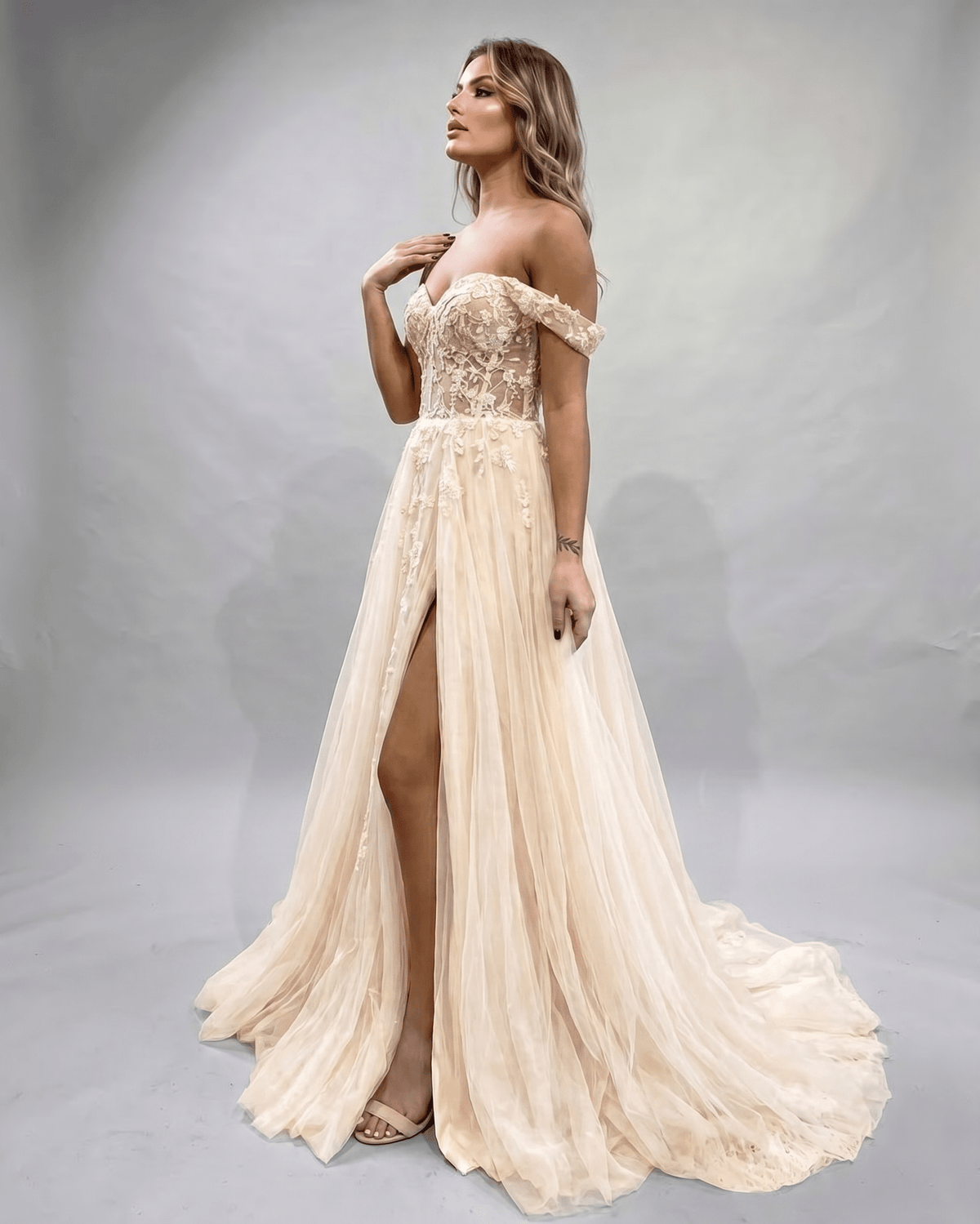 Celestia Maxi Dress by Lauven — tulle lace off-shoulder sweetheart A-line maxi dress