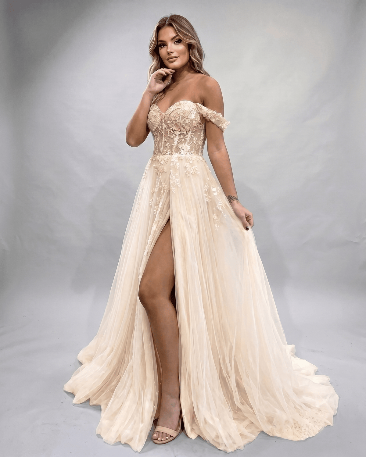 Celestia Maxi Dress by Lauven — tulle lace off-shoulder sweetheart A-line maxi dress