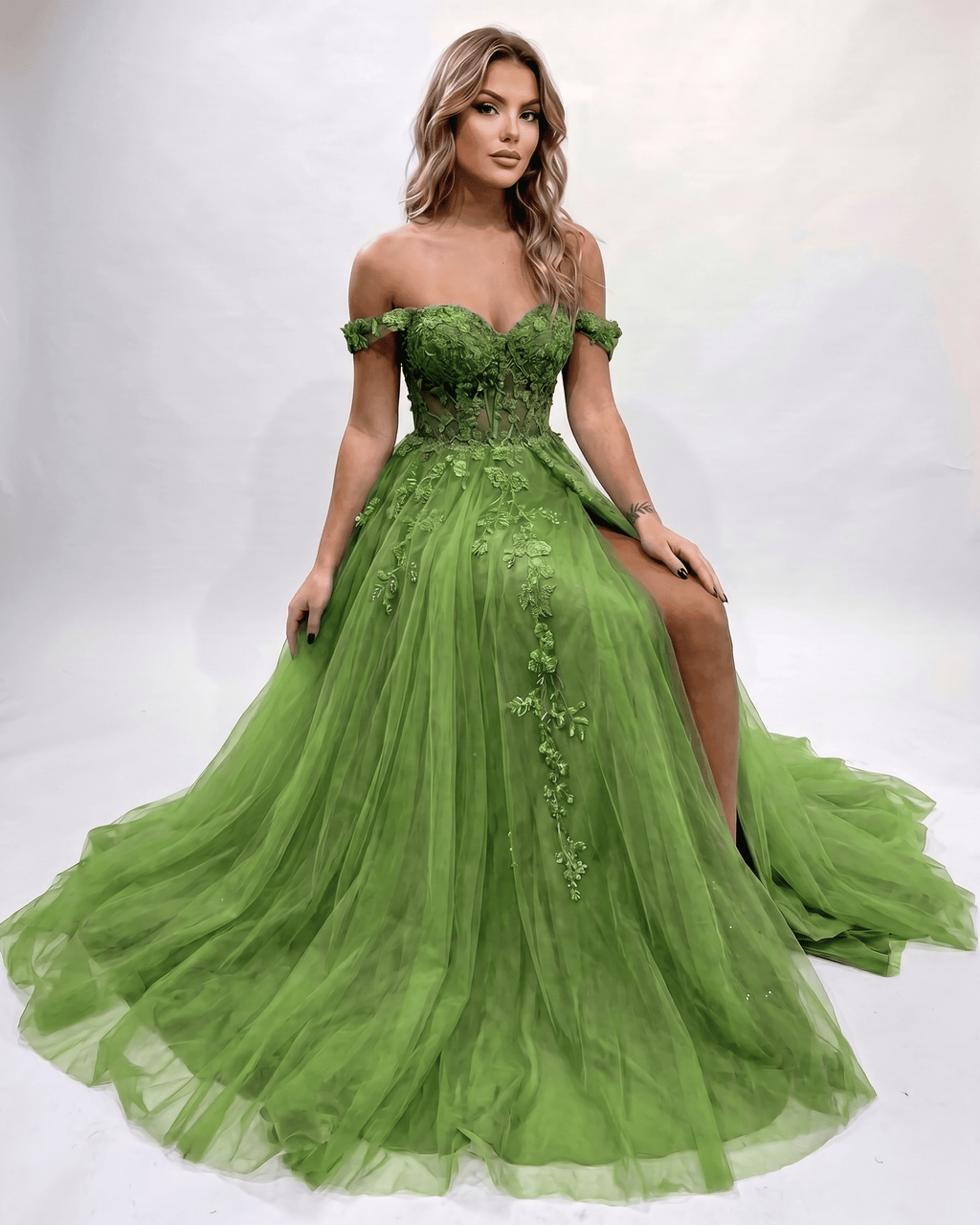 Celestia Maxi Dress by Lauven — tulle lace off-shoulder sweetheart A-line maxi dress