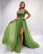 Celestia Maxi Dress by Lauven — tulle lace off-shoulder sweetheart A-line maxi dress