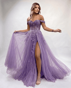 Celestia Maxi Dress by Lauven — tulle lace off-shoulder sweetheart A-line maxi dress