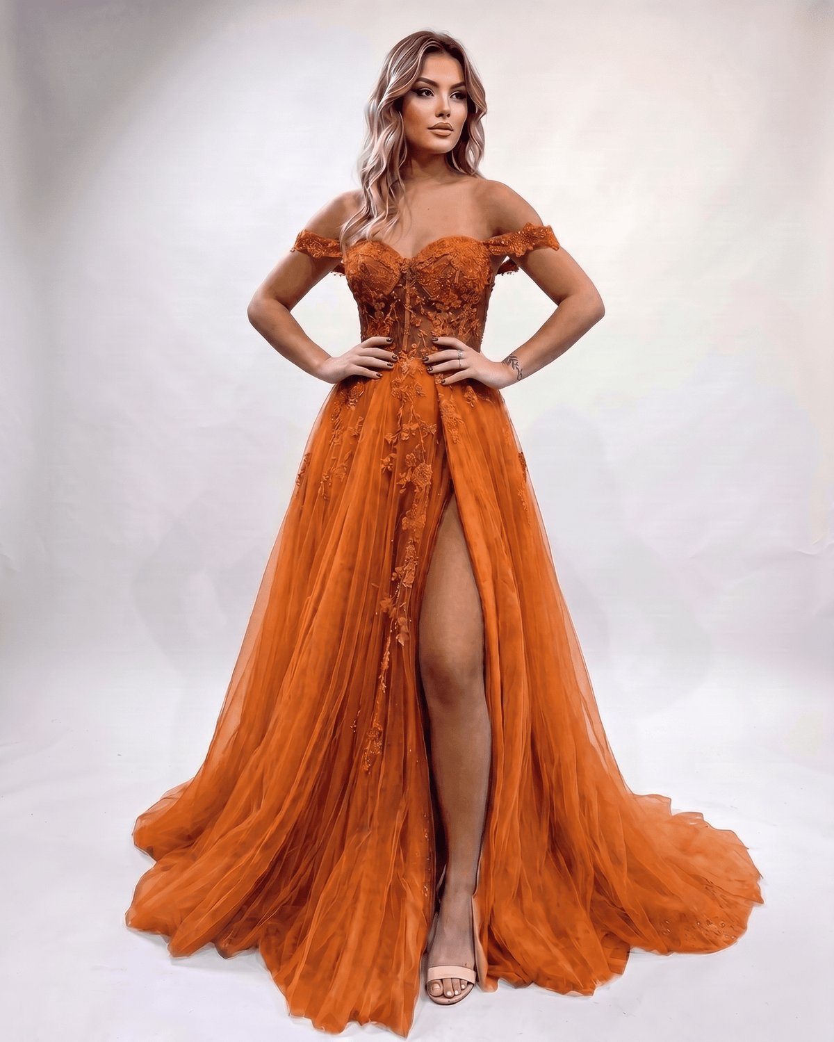Celestia Maxi Dress by Lauven — tulle lace off-shoulder sweetheart A-line maxi dress