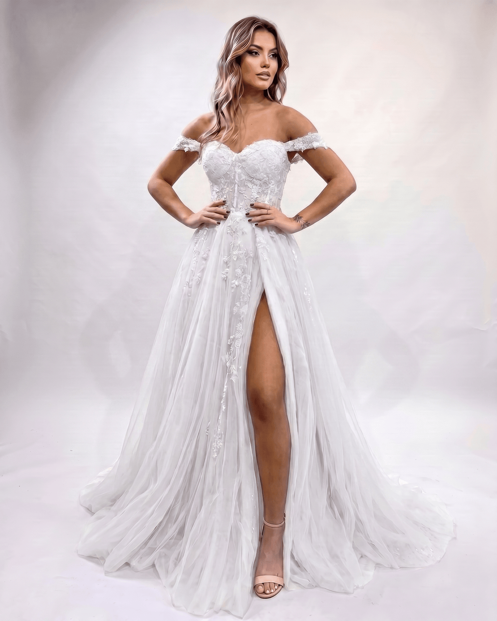 Celestia Maxi Dress by Lauven — tulle lace off-shoulder sweetheart A-line maxi dress