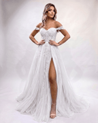 Celestia Maxi Dress by Lauven — tulle lace off-shoulder sweetheart A-line maxi dress