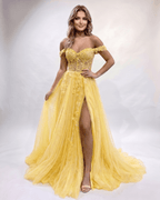 Celestia Maxi Dress by Lauven — tulle lace off-shoulder sweetheart A-line maxi dress