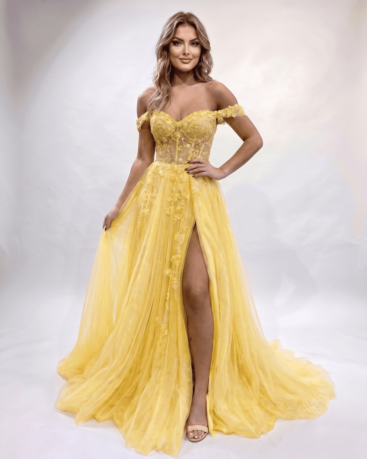 Celestia Maxi Dress by Lauven — tulle lace off-shoulder sweetheart A-line maxi dress