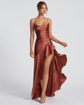 Veloura Maxi Dress by Lauven — brown satin spaghetti strap cowl neck bodycon maxi dress