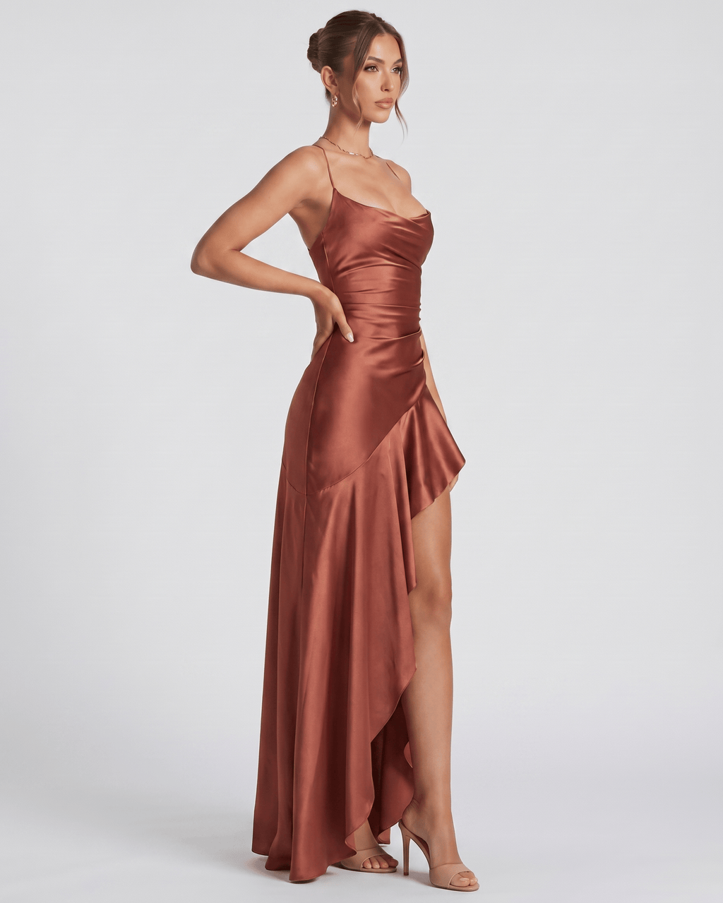 Veloura Maxi Dress by Lauven — satin spaghetti strap cowl neck bodycon maxi dress