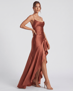 Veloura Maxi Dress by Lauven — satin spaghetti strap cowl neck bodycon maxi dress