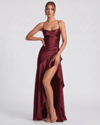 Veloura Maxi Dress by Lauven — satin spaghetti strap cowl neck bodycon maxi dress