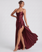 Veloura Maxi Dress by Lauven — satin spaghetti strap cowl neck bodycon maxi dress