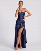 Veloura Maxi Dress by Lauven — satin spaghetti strap cowl neck bodycon maxi dress